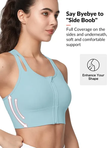 Vista 4 de Yvette Sujetadores deportivos para mujer de alto impacto con cremallera frontal, brasier deportivo de alto soporte, busto grande para entrenamiento