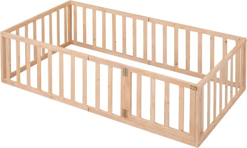 Vista 17 de Harper & Bright Designs Cama Montessori doble con valla y puertas, marco de cama de piso para espacios pequeños, sin rejas, gris