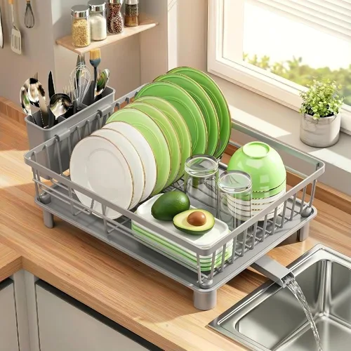 Vista 9 de Escurridor de platos para encimera de cocina, escurridor de acero inoxidable con soporte desmontable para cubiertos, sistema de drenaje automático