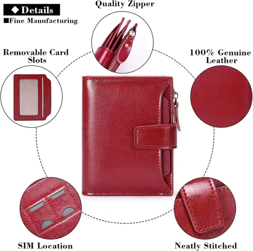 Vista 5 de FALAN MULE - Cartera de cuero auténtico para mujer, pequeña, plegable y compacta, con bloqueo de interferencia de radiofrecuencia (RFID)