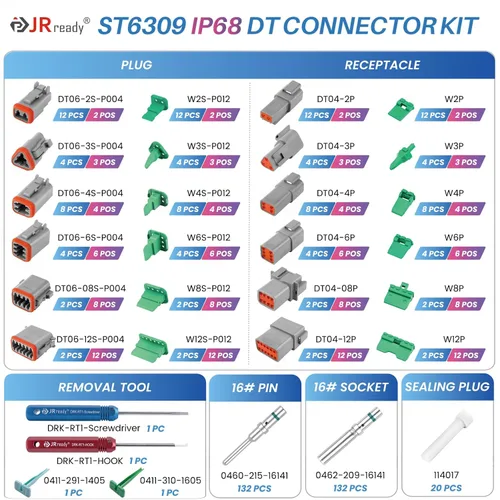 Vista 2 de JRready ST6309 Deutsch DT Kit de conectores 416 unidades, 2 3 4 6 8 12 pines IP68 conectores eléctricos automotrices impermeables, tamaño 16