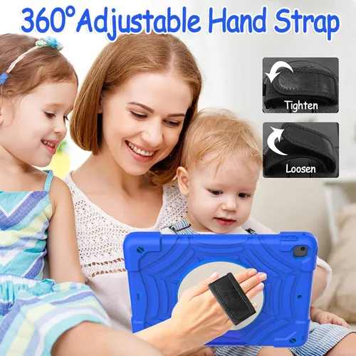 Vista 6 de BMOUO Funda para iPad de 6ª/5ª generación/Air 2, para iPad de 9.7 2018/2017 con protector de pantalla, soporte giratorio 360º y correa de mano y Azul