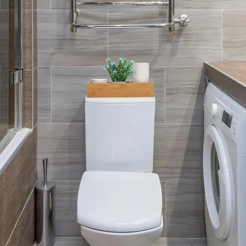 Vista 4 de Cesta de baño de bambú, cesta de madera para tanque de inodoro, caja de almacenamiento de madera con 3 compartimentos para organizador de baño