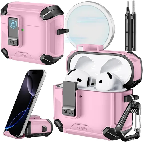 Vista 25 de Inesore Funda para AirPods Pro 1ª/2ª con bloqueo seguro (verde oscuro) Cubierta magnética de bloqueo automático con soporte para teléfono y kit