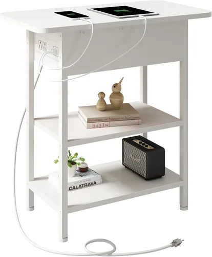 Vista 10 de LIDYUK Mesa auxiliar con estación de carga, mesa auxiliar abatible con puertos USB y tomas, mesita de noche para espacios pequeños, mesitas de noche