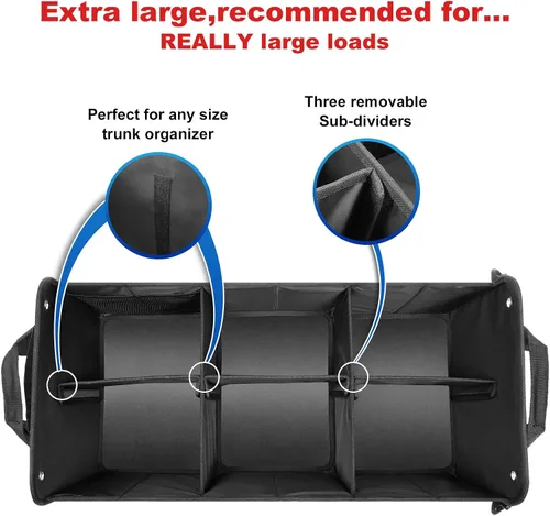 Vista 5 de HAOKAY Organizador de maletero de automóvil con tapa, resistente, extra grande, color negro, Oxford, multicompartimentos, plegable, para SUV