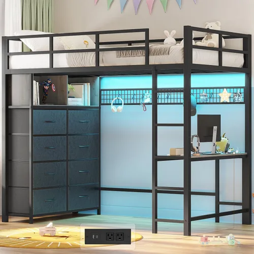 Vista 13 de ADORNEVE Cama tipo loft de tamaño matrimonial con escritorio y 8 cajones de Gris