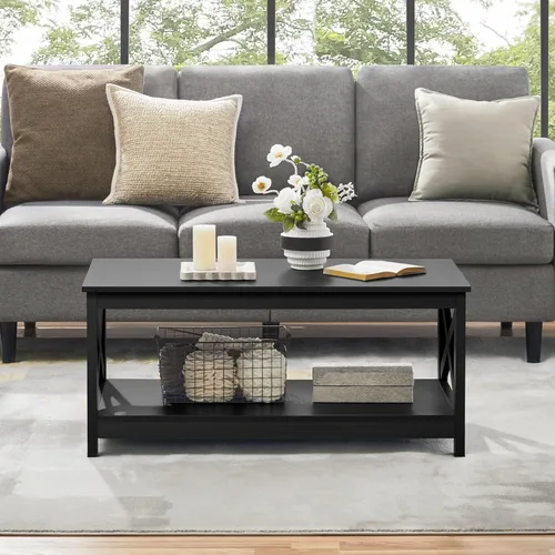 Vista 3 de Yaheetech Mesa de centro negra de madera de 2 niveles con estante de almacenamiento para sala de estar, mesa de cóctel con diseño en X, muebles