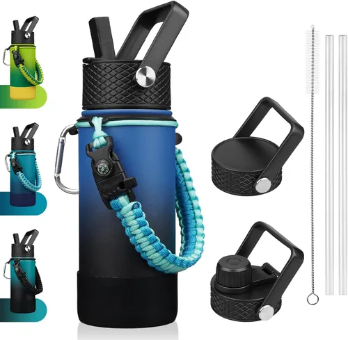 Vista 15 de BJPKPK - Botella de agua con tapa de popote, botellas de agua aisladas de 18 onzas con 3 tapas, asa de cuerda de paracaídas y base antideslizante