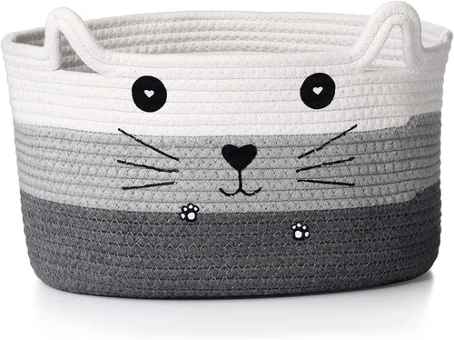 Vista 12 de Zopeal Cesta de almacenamiento tejida para gatos, organizador tejido con orejas, juguete decorativo de Navidad para mascotas, bonita canasta