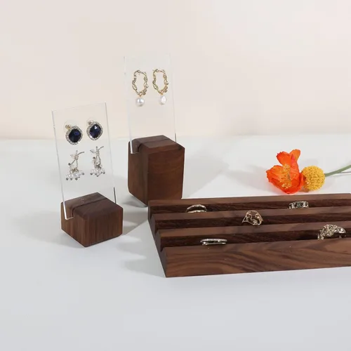 Vista 8 de GemeShou Soportes de exhibición de pendientes de madera de nogal para espectáculos, soporte de aretes acrílico para vender joyas, pequeños soportes