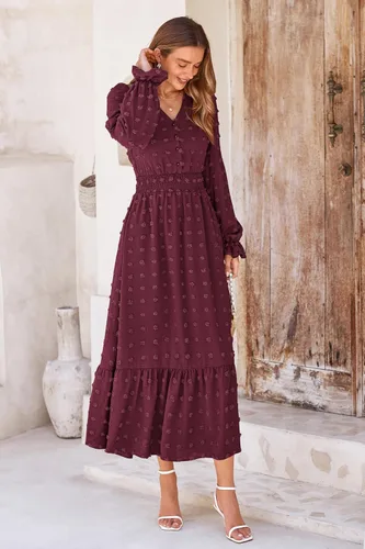 Vista 4 de MASCOMODA Vestido largo para mujer, manga larga, cuello en V, lunares suizos, bohemio, fruncido, cintura alta, acampanado, con escalonados, vestidos