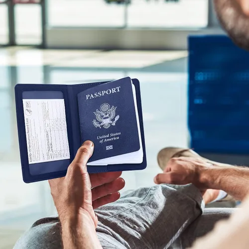Vista 2 de Combo de soporte para pasaporte, pasaporte y tarjetero de vacunación, marrón + azul oscuro