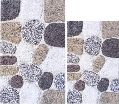 Vista 12 de Ramanta Home Alfombra de baño de algodón puro con piedra de guijarro, color beige gris, súper suave, antideslizante, absorbente, para baño, cocina