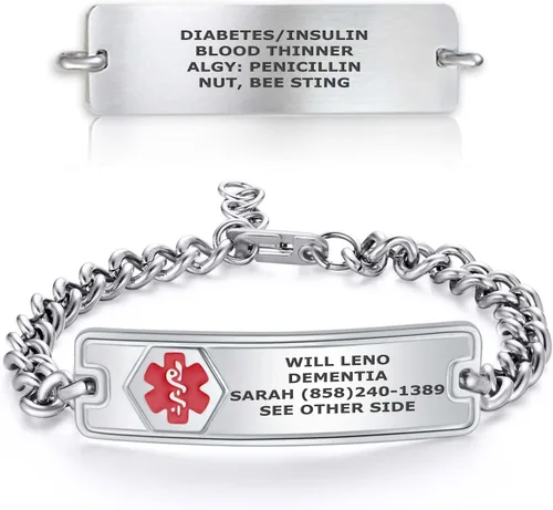Vista 7 de Pulsera de Alerta de Identificación Médica Grabada Personalizada, Condiciones Personalizadas de 4 Líneas Cadena de Cuerda de Acero Inoxidable