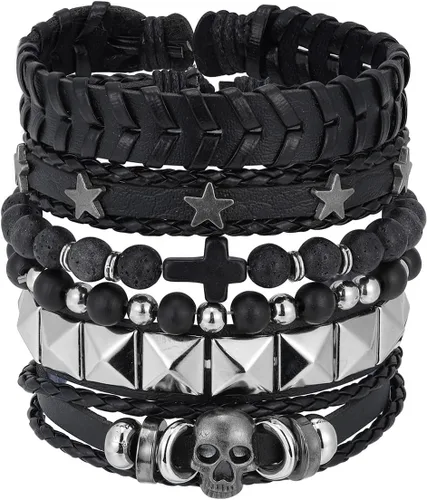 Vista 8 de Eigso Pulseras de cuero punk con tachuelas para hombres y mujeres, pulsera de cuero trenzado vintage para hombre y mujer