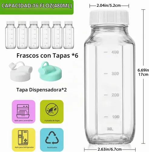Vista 3 de CUCUMI - Paquete de 6 botellas de leche de vidrio de 16 onzas con tapas 6 piezas-16oz
