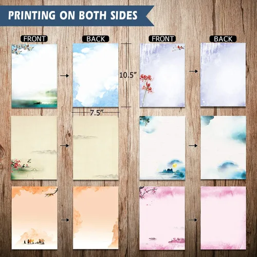 Vista 2 de Stationary - Juego de papel de escritura japonés de papelería, paquete de 48 papeles y sobres, diseño de pintura a tinta, 48 papeles fijos + 24