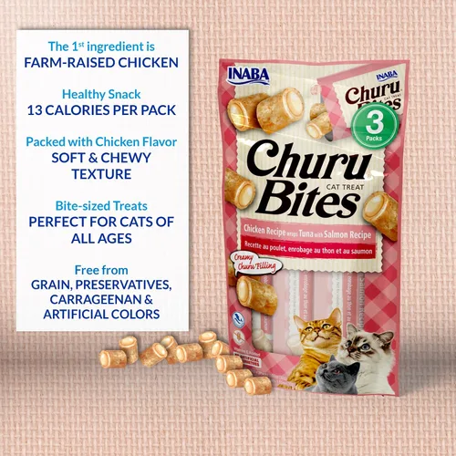 Vista 5 de INABA Churu Bites para Gatos, Golosinas para Gatos Rellenas de Churu Envueltas en Pollo Horneado Suave/Masticable con Vitamina E, 0.35 Onzas por