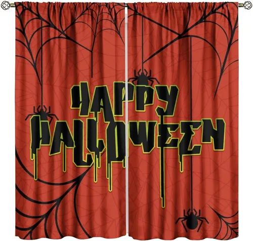 Vista 9 de Cortinas opacas de tela de araña aterradora para niños, tela de araña en blanco y negro, fondo rojo, dormitorio de niños, guardería, decoración