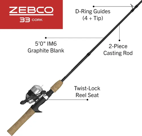 Vista 2 de Zebco 33 Combo de Carrete y Caña de Pescar con Corcho, Caña de Grafito con Mango de Corcho, Carrete de Pesca QuickSet Anti-Reversa con Alerta