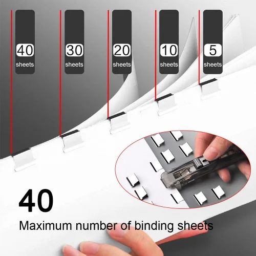 Vista 4 de Engrapadora de empuje, clips para carpeta, abrazaderas de papel, grapadora de escritorio con 50 clips de repuesto de acero inoxidable reutilizables