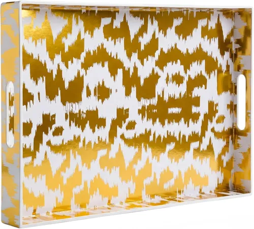 Vista 10 de Bandeja decorativa, bandeja de plástico de mármol con asas, bandeja rectangular de tocador y bandeja para servir para baño, cocina, otomana y mesa