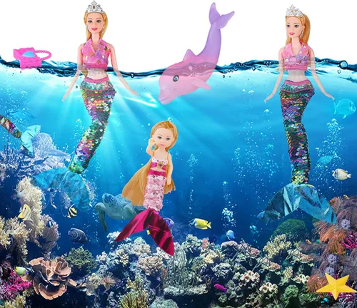 Vista 8 de Juego de muñecas mágicas de sirena para niñas de 4 a 7 años, muñecas de princesa gemelas con delfín morado que cambia de color, trajes de verano