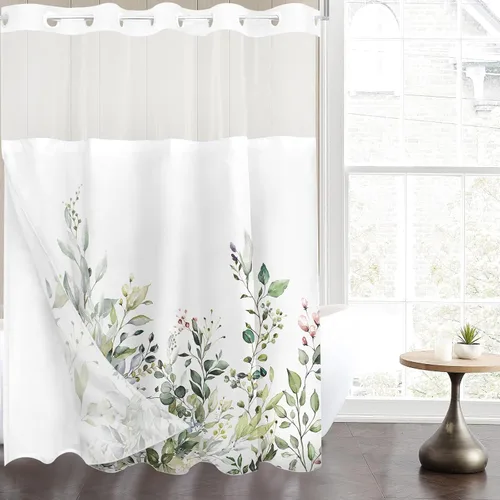 Vista 32 de Tititex - Juego de cortinas de ducha de eucalipto negro, hojas de acuarela gris en la parte superior, con decoración floral de baño, 60 x 72