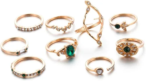 Vista 3 de YERTTER Juego de 9 anillos de oro vintage para hombre con piedras preciosas verdes, anhelados, nudillos articulados, anillos medios para mujer