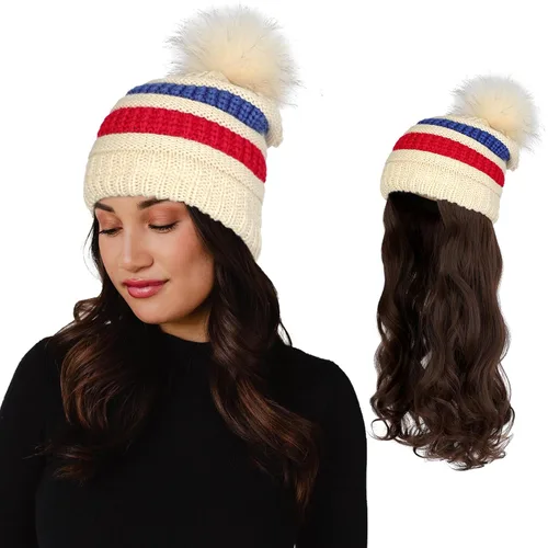 Vista 18 de AynnQueen - Gorro de invierno con extensiones de cabello desmontables para mujer.