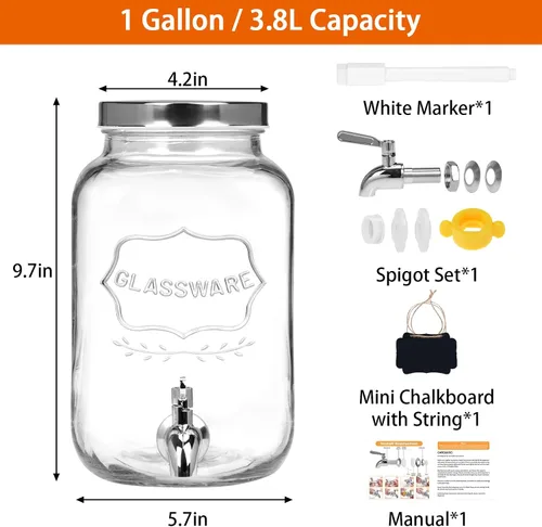 Vista 2 de Moretoes Dispensador de bebidas de vidrio de 1 galón para fiestas, dispensador de bebidas para jugo y té helado, tarro hermético de vidrio para té