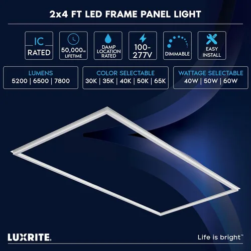 Vista 7 de LUXRITE Panel de luces LED con marco iluminado de borde de 2 x 4 pies, 5CCT seleccionable 3000K-6500K, 5200/6500/7800LM, interruptor de 40 W/50 W/60