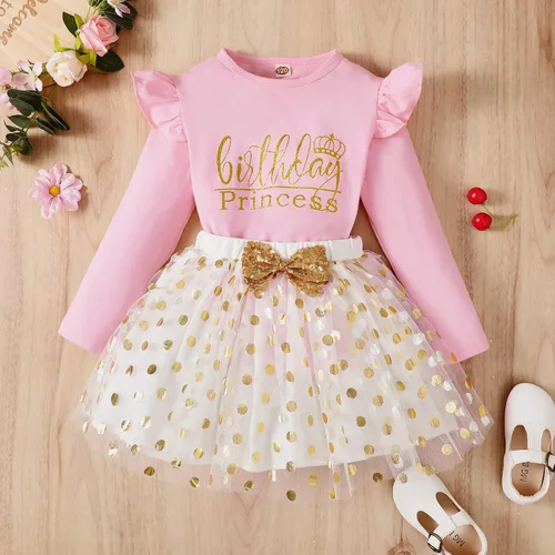 Vista 2 de Toddler Kids Baby Girls Birthday Princess Outfits Long Sleeve Shirt Polka Dots Tulle Tutu Dress Skirt Set 2Pcs