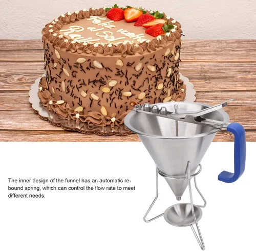 Vista 2 de Embudo de confitería de acero inoxidable con soporte, dispensador de masa de pasteles, herramienta de horneado para panqueques, cupcakes, bolas