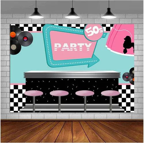Vista 3 de 50's Soda Shop - Telón de fondo de vinilo para fiestas de regreso a los años 50, 5 x 3 pies con temática de los años 50, cartel para sesión de fotos
