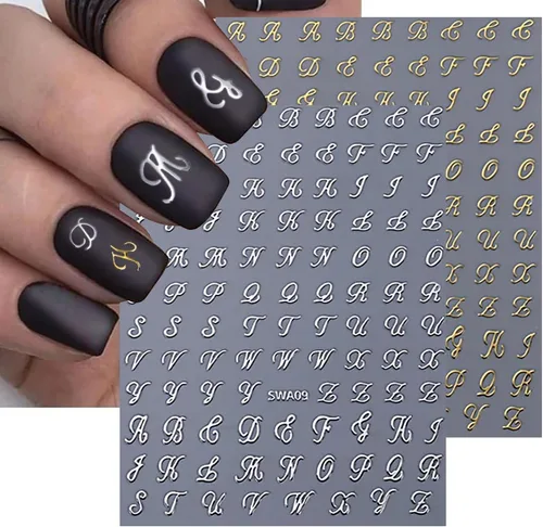 Vista 4 de Calcomanías de uñas con letras, 8 hojas de calcomanías de uñas con letras en inglés antiguo, 3D, autoadhesivas, doradas, plateadas, negras, blancas