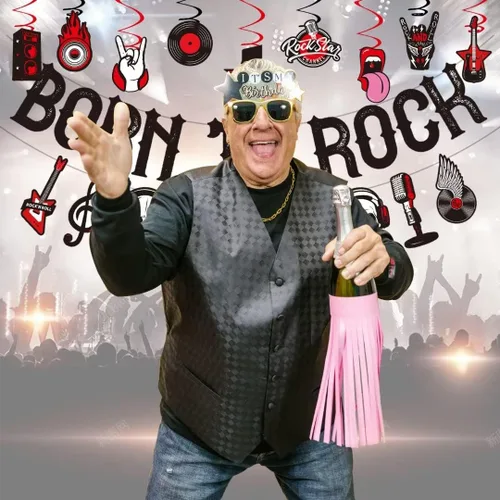 Vista 3 de LARRAZABAL Las decoraciones de fiesta de rock and roll incluyen pancarta con purpurina Born to Rock, remolinos colgantes de rock and roll y centros
