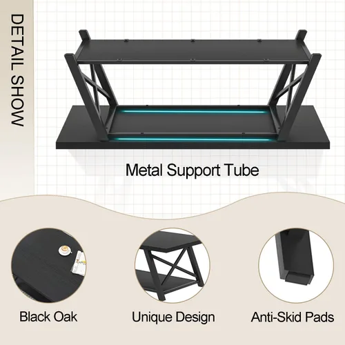 Vista 6 de EXCEFUR Mesa de centro negra, moderna mesa central de madera y metal con estante de almacenamiento, mesa de té rectangular industrial para sala