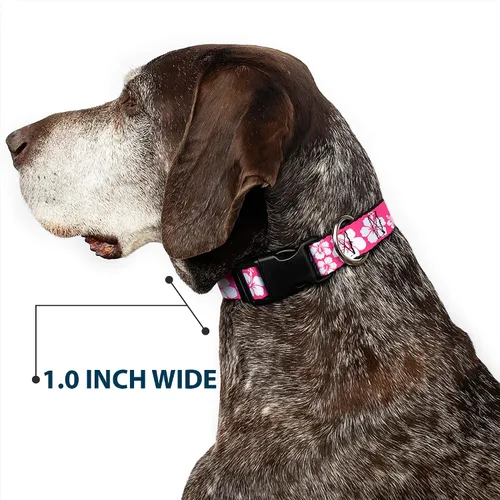 Vista 6 de Buckle-Down Collar de clip de plástico, hibisco rosa neón, blanco, 1 pulgada de ancho, se adapta a cuello de 9 a 15 pulgadas, pequeño Hibiscus