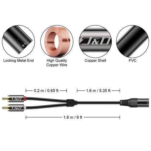 Vista 9 de J&D - Cable de conexión divisor XLR a 2 RCA Y, carcasa de PVC, desequilibrado, doble RCA macho a XLR macho, adaptador de cable de interconexión
