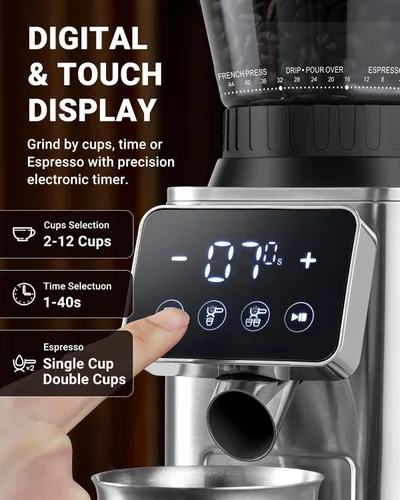 Vista 4 de AMZCHEF Molinillo de café, molinillo de granos de café para uso doméstico con molienda precisa, panel de control LED, soporte de embudo desmontable