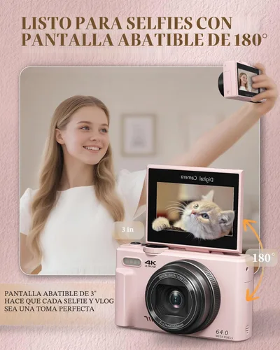 Vista 5 de Cámara digital 4K para principiantes y adolescentes, cámara compacta de vlogging con pantalla abatible de 180°, enfoque automático, fácil de usar