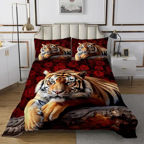 Vista 2 de Erosebridal Juego de colcha de tigre tamaño Queen, diseño romántico floral de safari con flores rojas para adultos, hombres, mujeres, niños y niñas