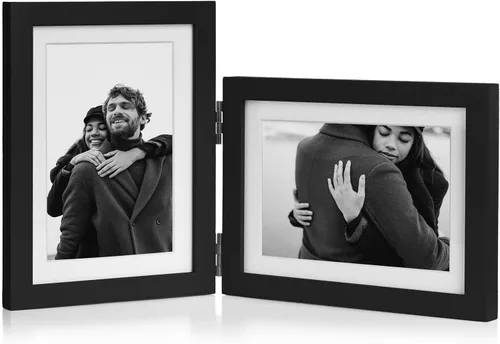 Vista 31 de Marco de fotos doble de 4 x 6 pulgadas con bisagras horizontales, marco de fotos plegable en madera de pino negro con vidrio real para mesa