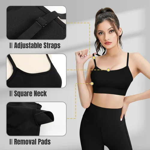 Vista 5 de VEQKING Sujetador deportivo para mujer, tirantes delgados ajustables, cuello cuadrado, sin costuras, para entrenamiento, yoga, bralette con copas