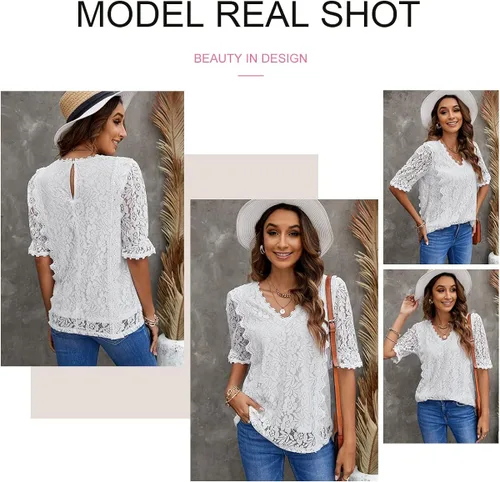 Vista 5 de SHEWIN Blusas estilo bohemio con encaje y cuello en V para mujer