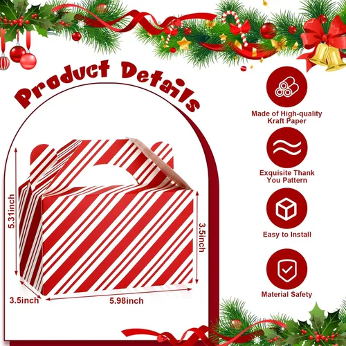 Vista 5 de Cholemy 50 piezas de cajas de regalo de Navidad con asa, cajas de diseño rojo y blanco, cajas de galletas y dulces de Navidad, cajas de papel