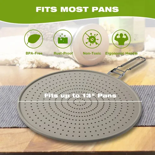 Vista 2 de Pantalla de silicona contra salpicaduras para sartén de 13 pulgadas, protector de salpicaduras de grasa con mango plegable, apto para lavavajillas