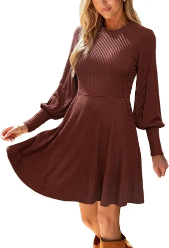 Vista 8 de CUPSHE Minivestido tipo suéter con cuello redondo y manga larga de obispo Naranja quemado